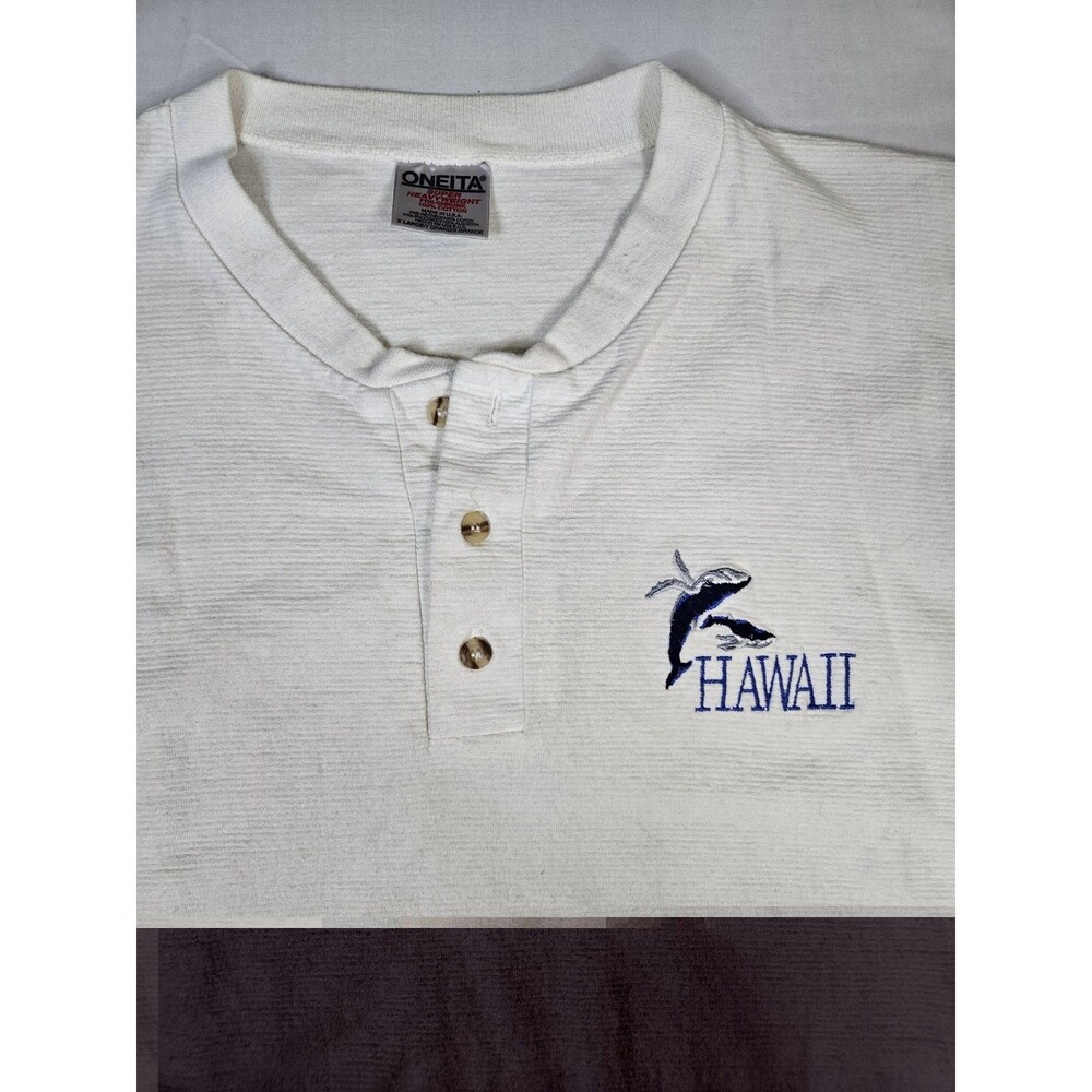 Oneita Shirt Hawaii Men's XL White Whale Henley USA Made Single Stitch 90s Vtg